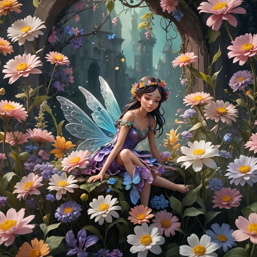 Fairy Resting on Pastel Flower in Detailed Matte Painting