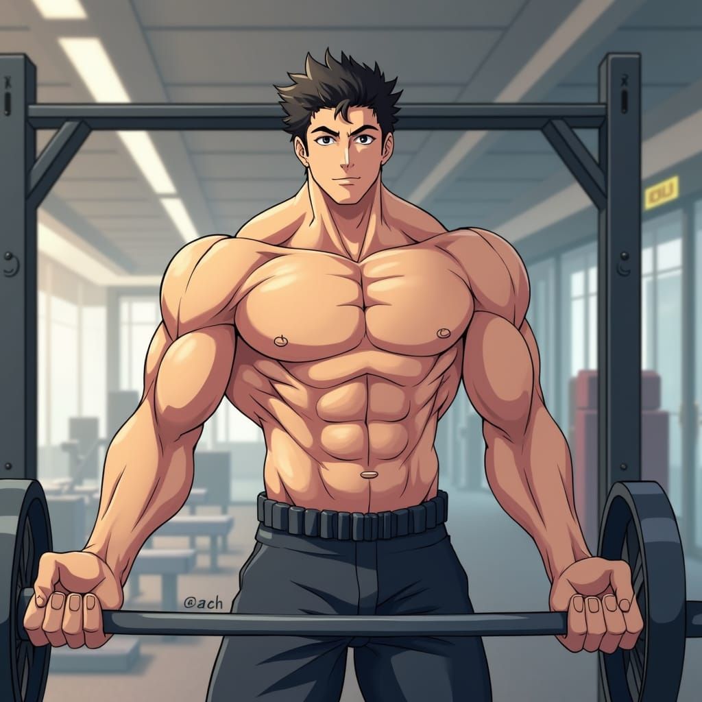 Anime Style: Muscular Boy After Gym Workout