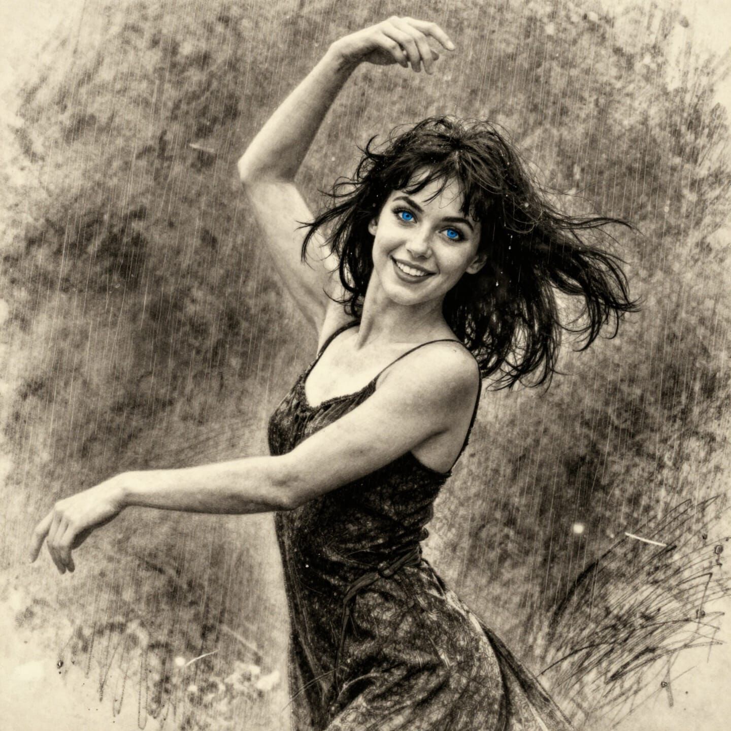 Black Hair Blue Eyes Dancing in Rain Charcoal Drawing