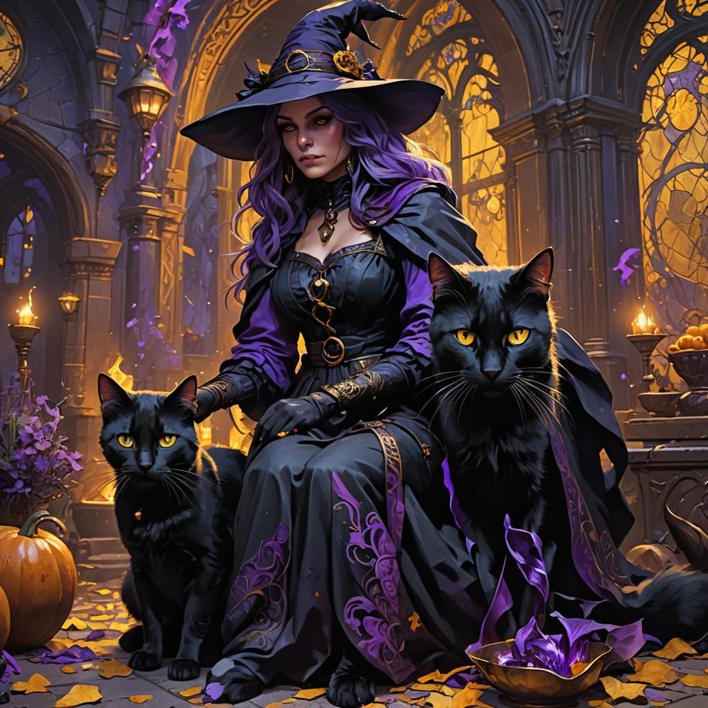 Black Cat and Witch in Dark Fantasy Style