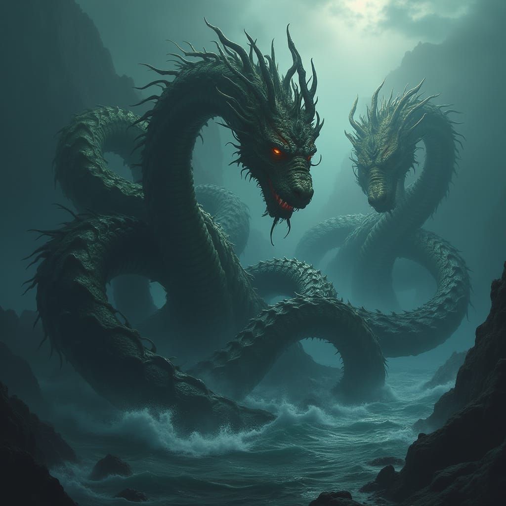 Hydra and Scylla in Detailed Matte Painting Style