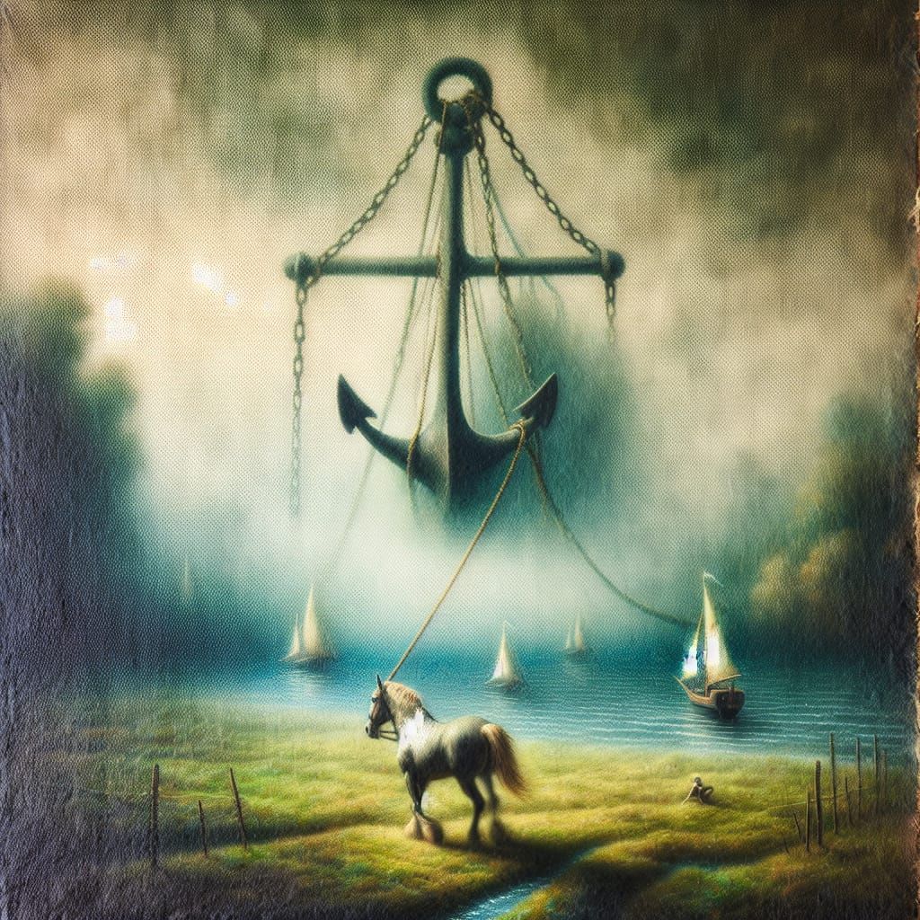 Horse Pulling Anchor: Surreal Oil Painting