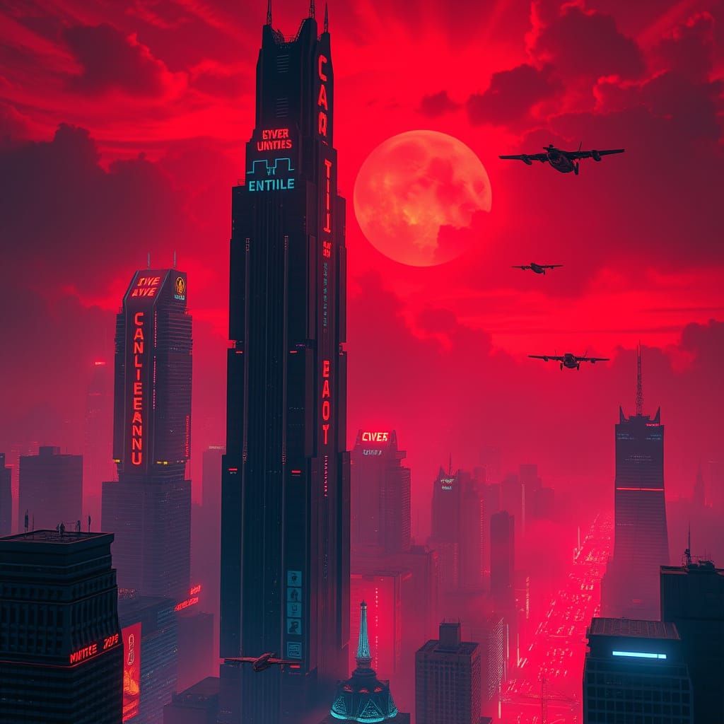 Blood Red Skies Over Cyberpunk Metropolis