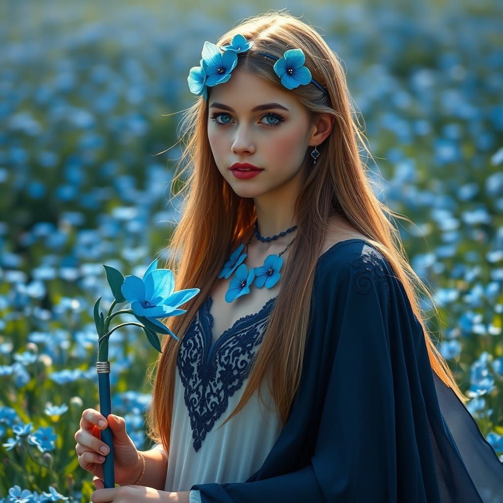 Gentle Faerie Amidst a Blue Flower Paradise