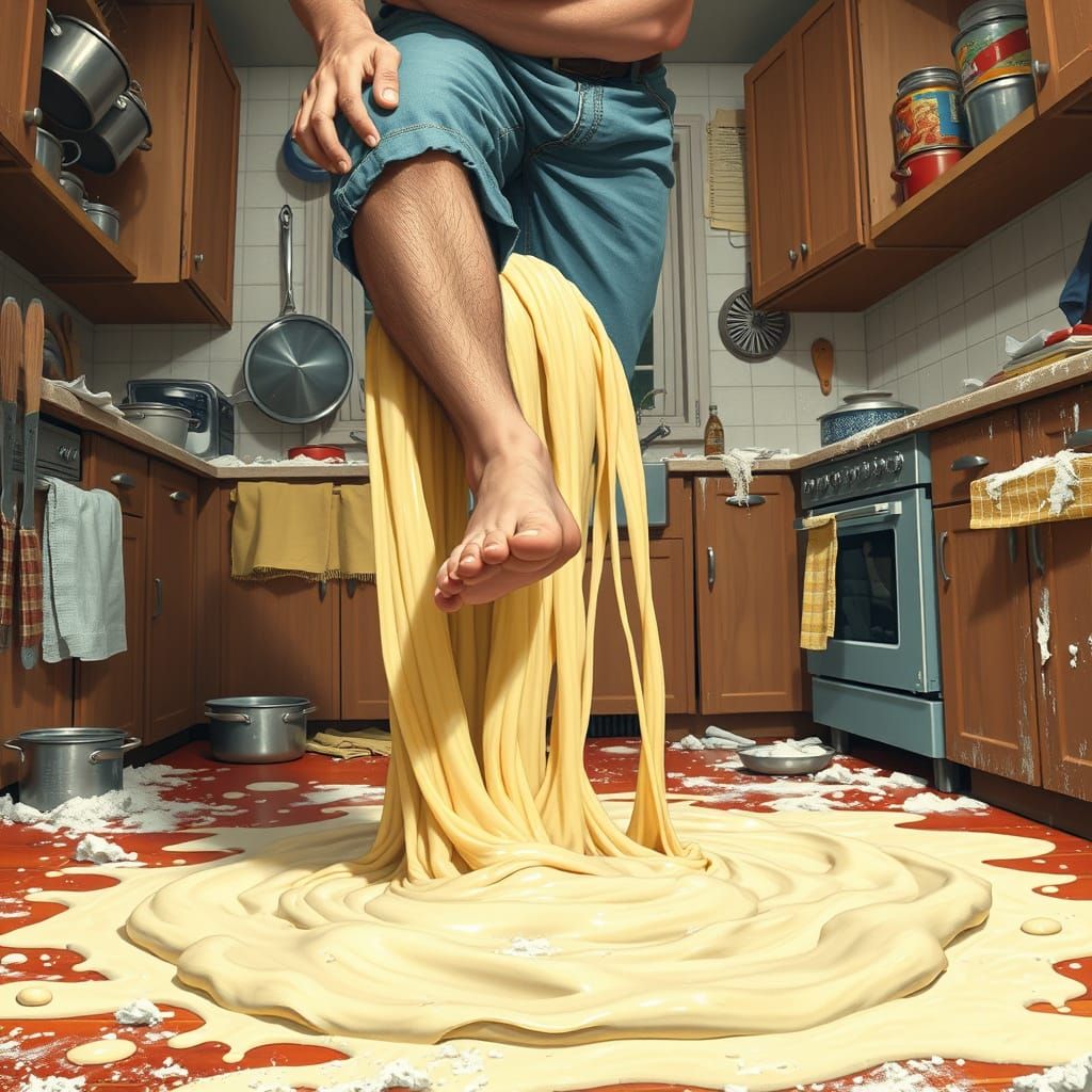 Man Struggles to Free Stuck Feet from Giant Pasta Dough Pudd...