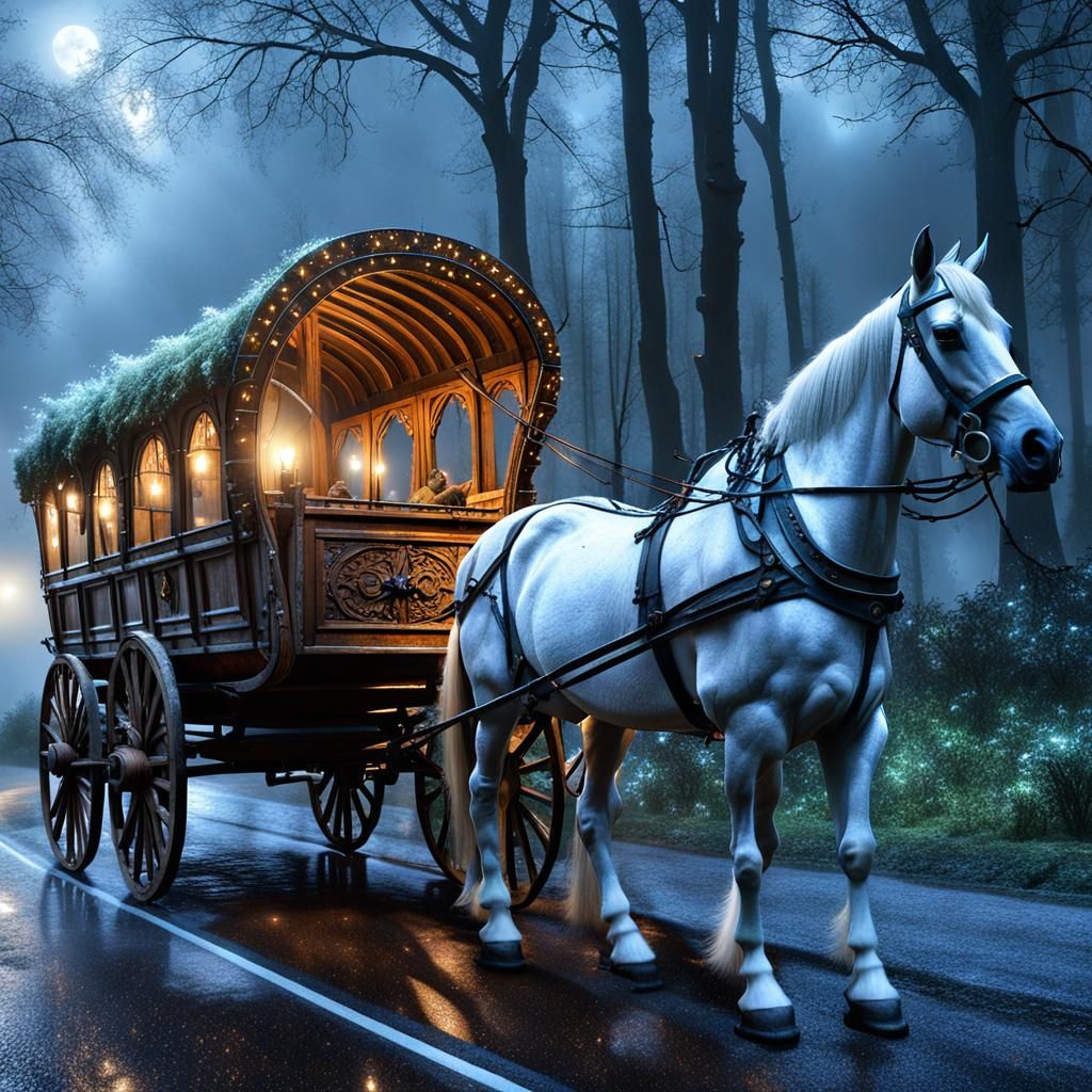 White War Horse and Wagon in Enchanted Forest