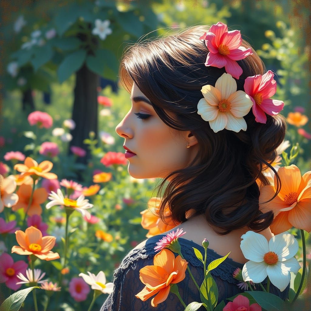 Introspective Woman in Sunny Garden: Impressionistic Style