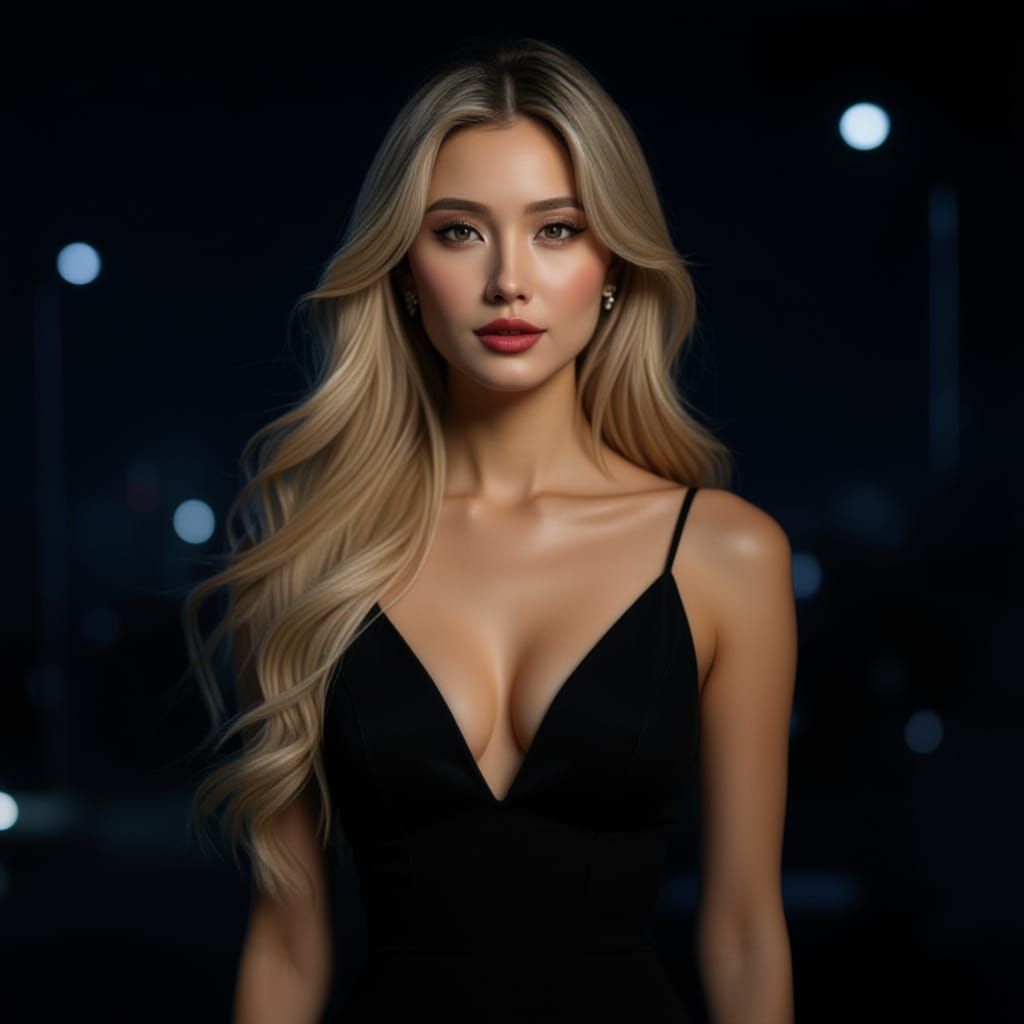 Beautiful Blonde Asian Woman in Red Dress