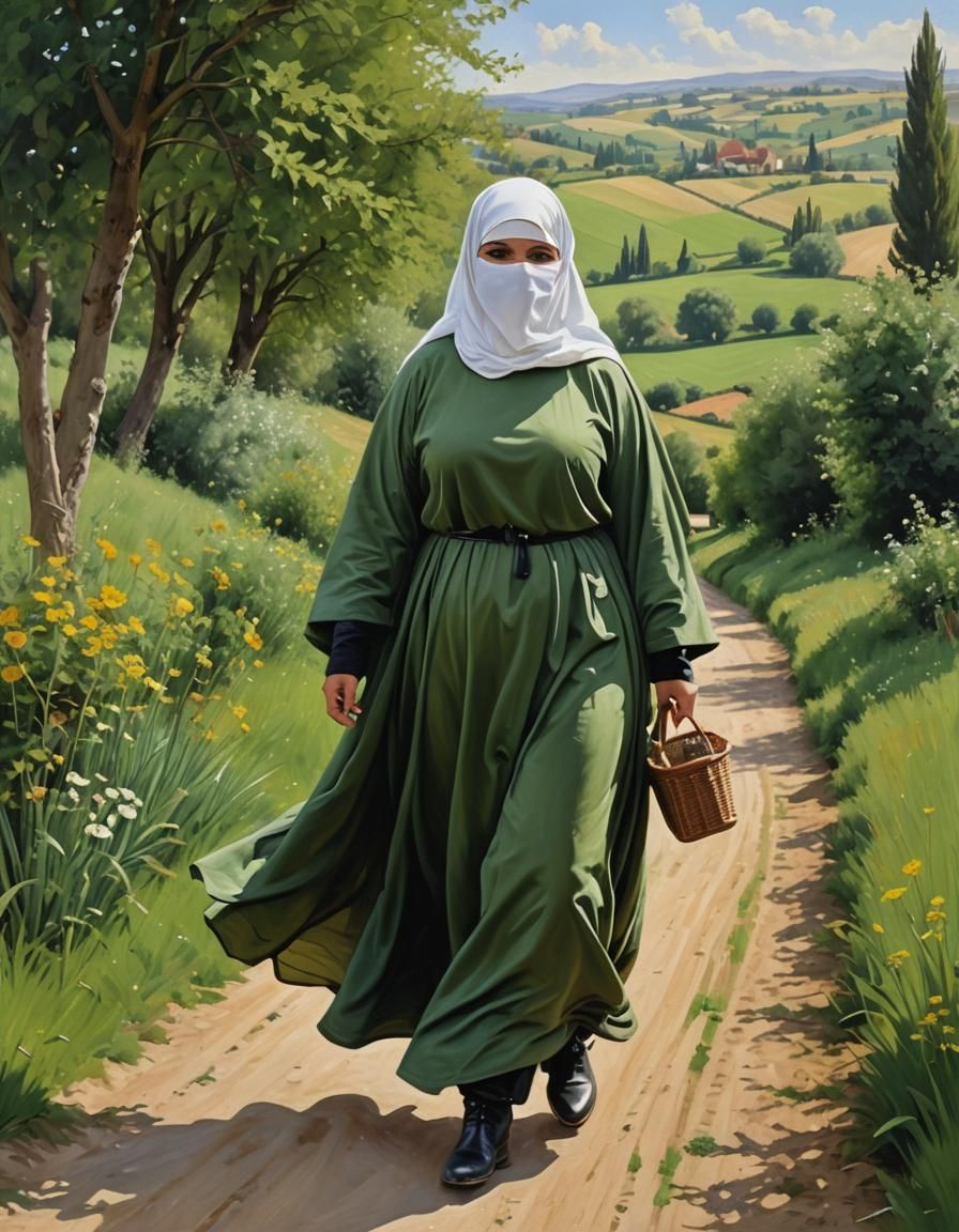 European Woman in Niqab Walking in Countryside Oil Painting