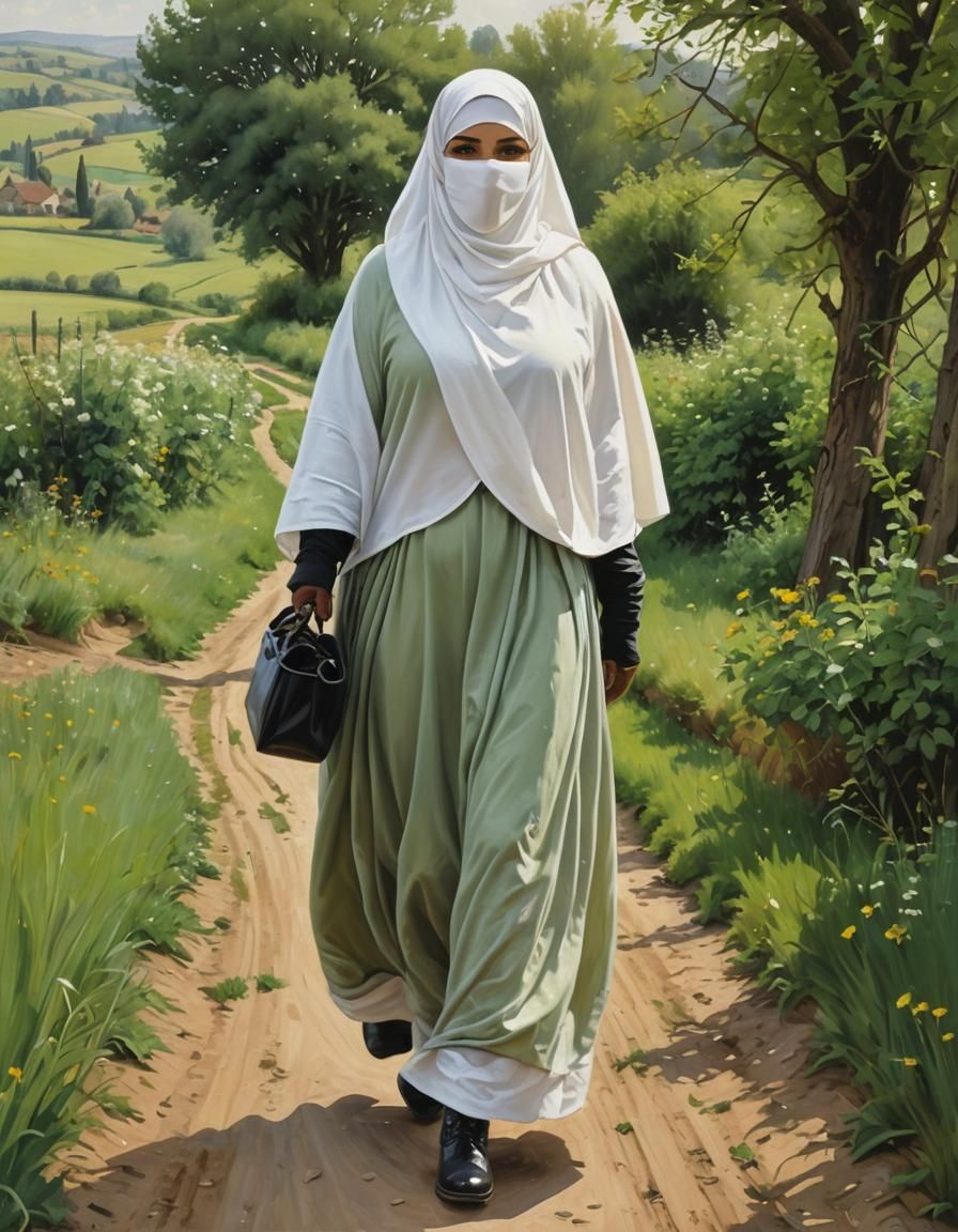 European Woman in Niqab Walking in Countryside