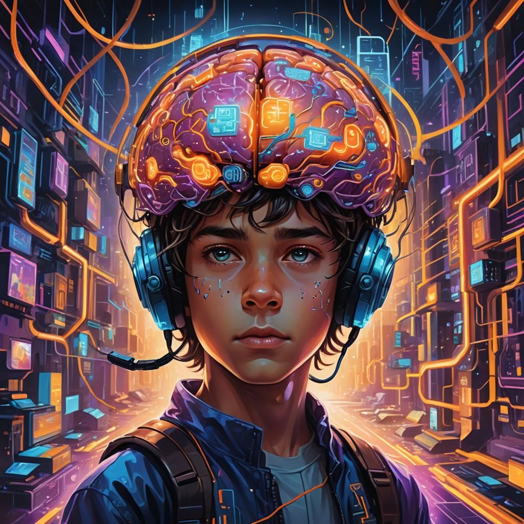Futuristic Boy with Glowing Brain in Dreamlike Cityscape