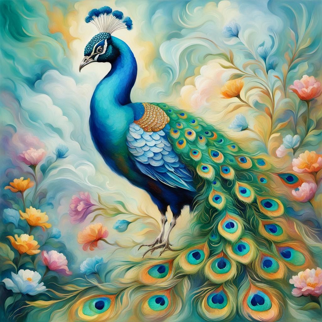 Vibrant Peacock Blooms in a Dreamy, Ethereal Landscape