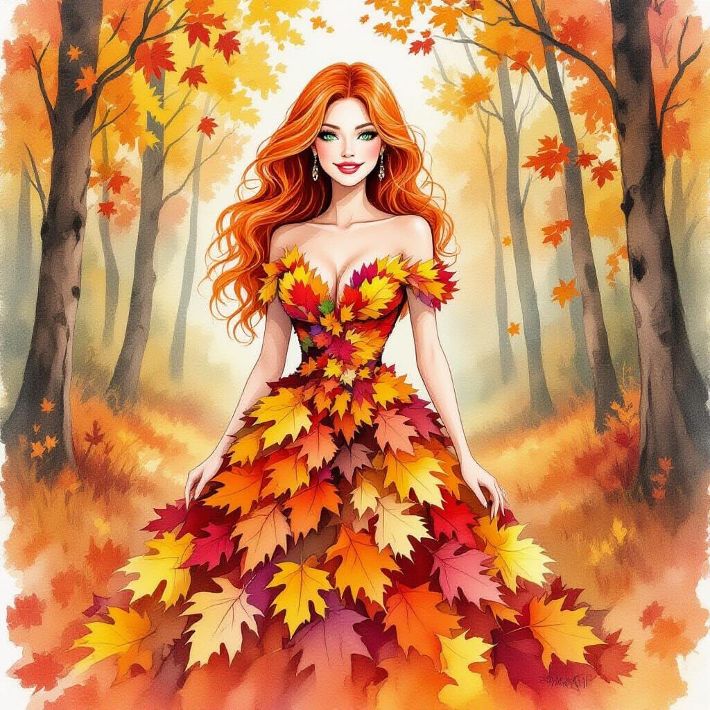 Autumn Woman in Forest, Watercolor Alcohol Ink Style