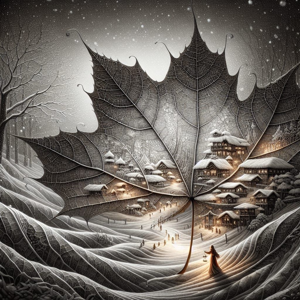 Winter Wonderland with Snowy Village and Maple Leaf Canvas
