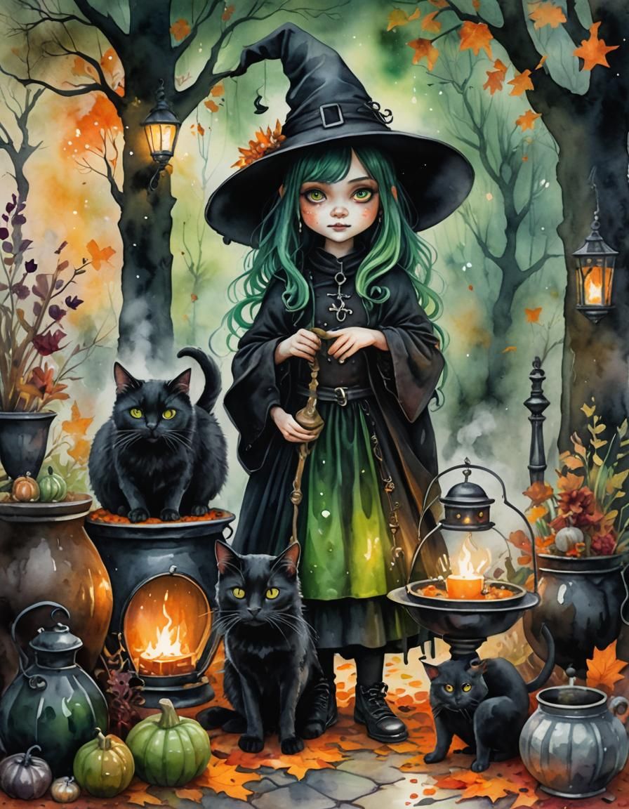 Little Witch with Black Cat in Watercolour Oil Painting