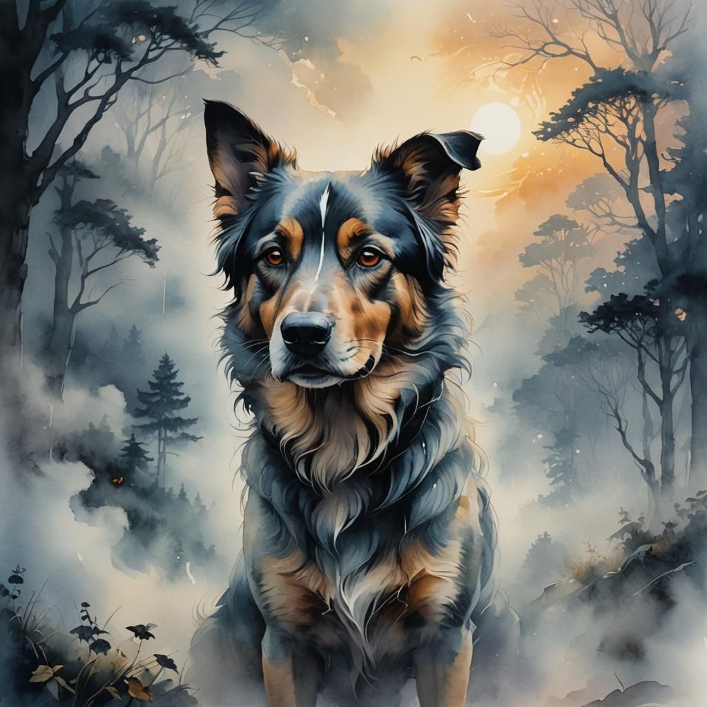 Beautiful Woman and Dog in Twilight, Oil Painting Style