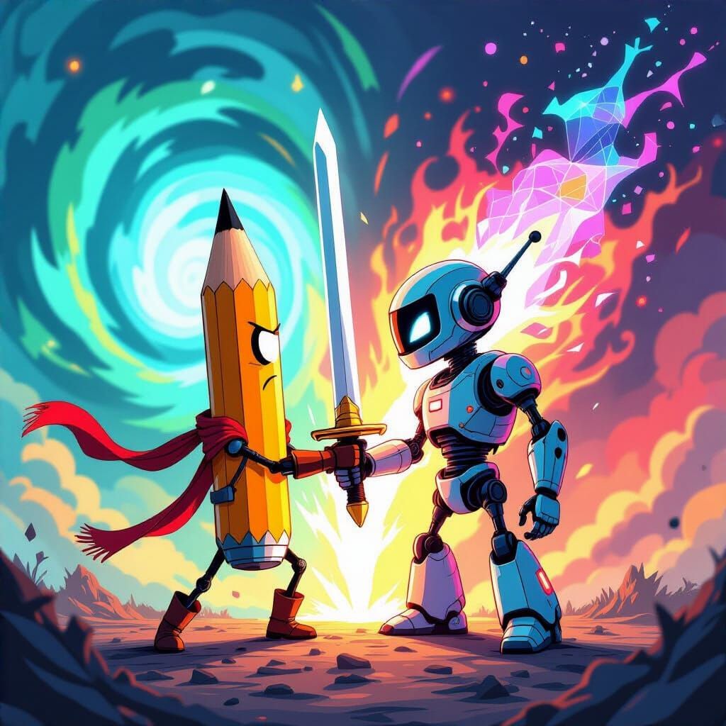 Pencil Warrior Embraces AI Robot in Creative Battle