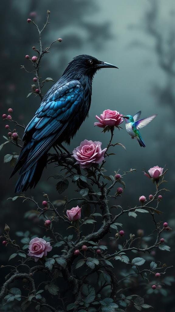 Crow and Hummingbird in Mystical Botanical Scene