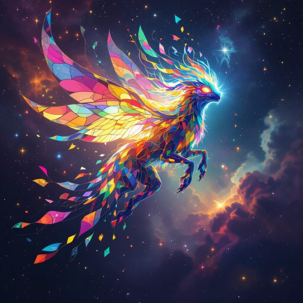 Bioluminescent Cosmic Creature in Stained Glass Style