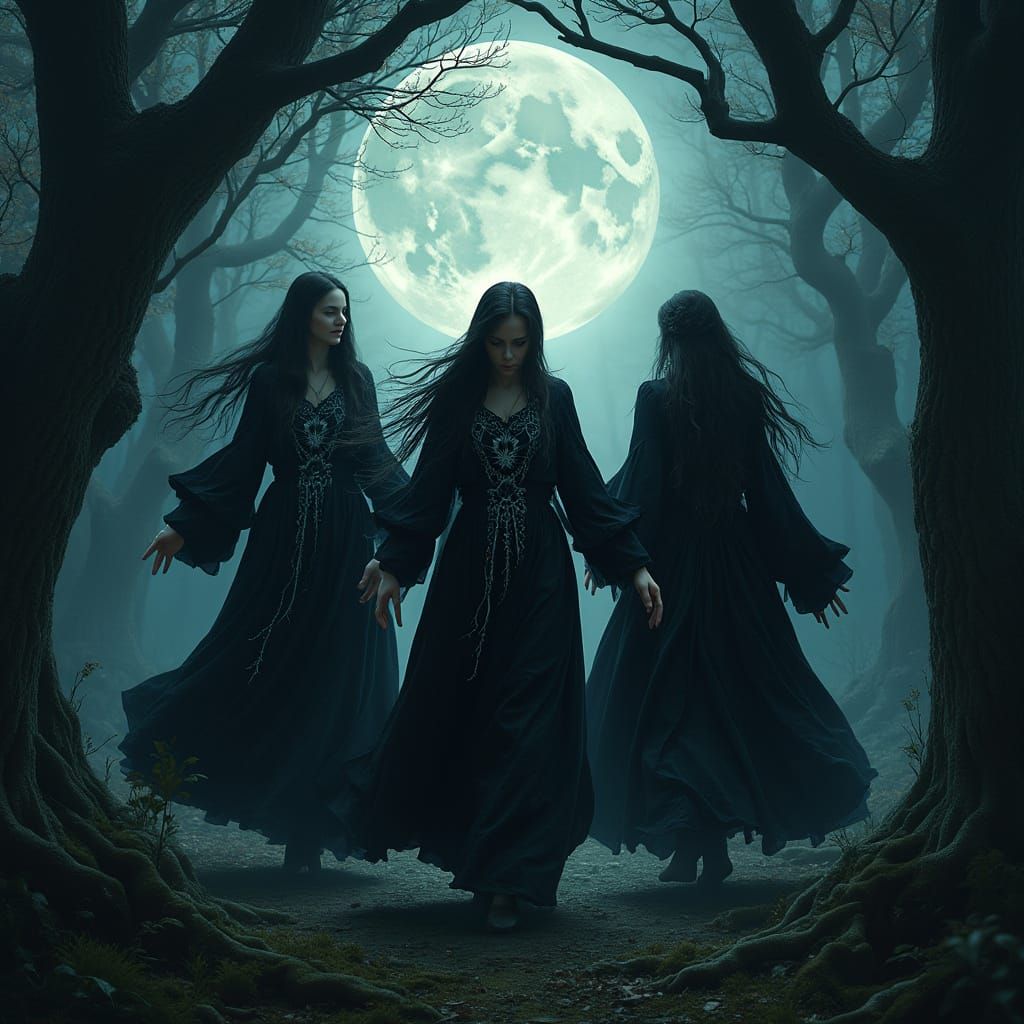 Enchanted Witches Dance Under a Full Moon in Mystical Forest