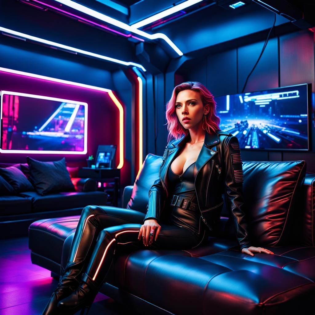 Cyberpunk City View with Scarlett Johansson