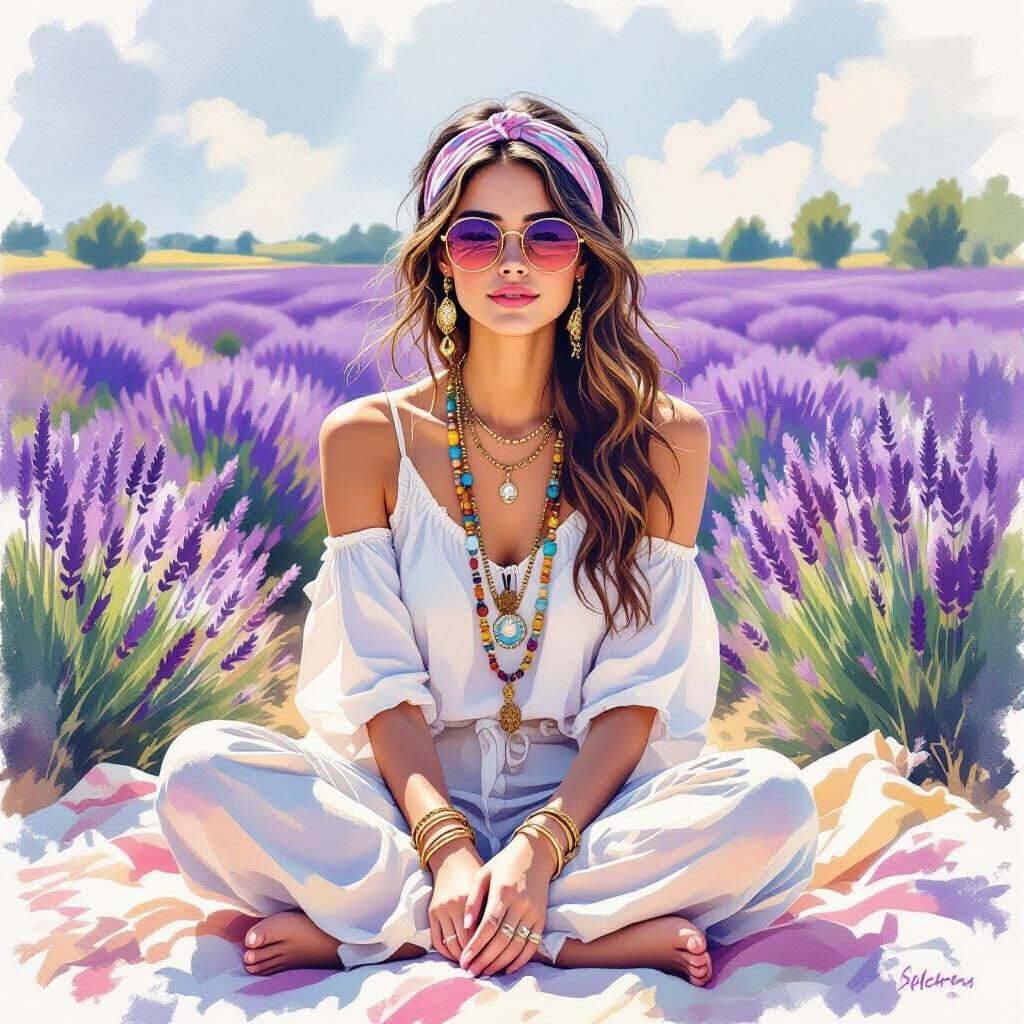 Boho Woman Serene in Lavender Field Watercolor