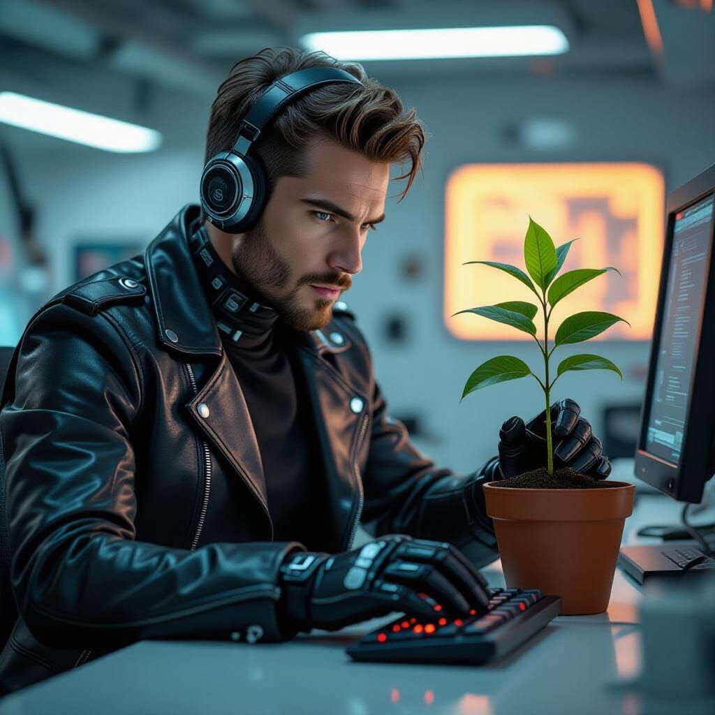 Cyborg Plants Sapling in Futuristic Lab