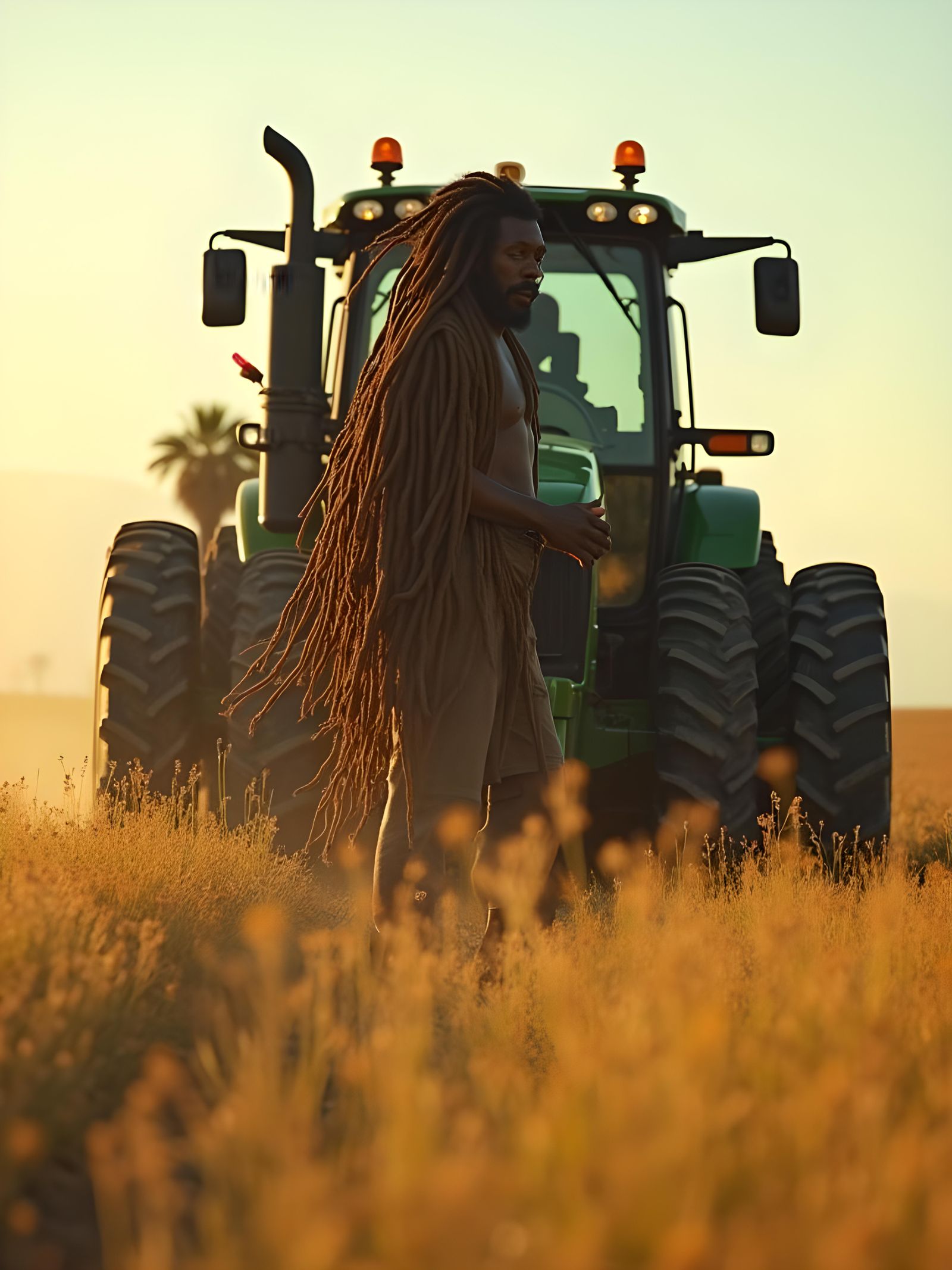 Man with Dreadlocks Working on Tractor
