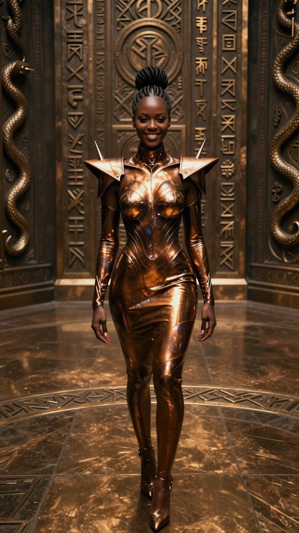 Woman in Futuristic Bronze Chamber with Norse Symbols