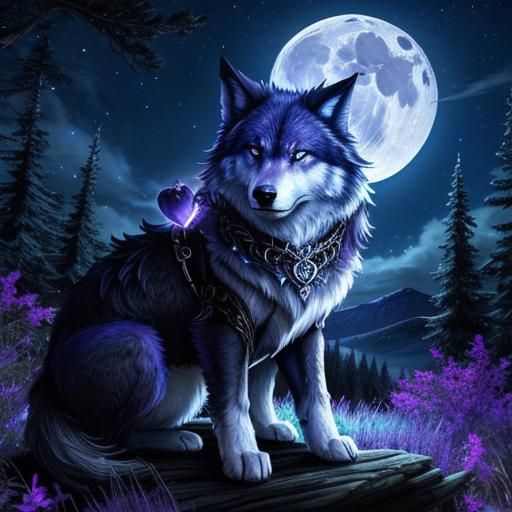 Fantasy Wolf with Heart Bracelet Under Starry Sky