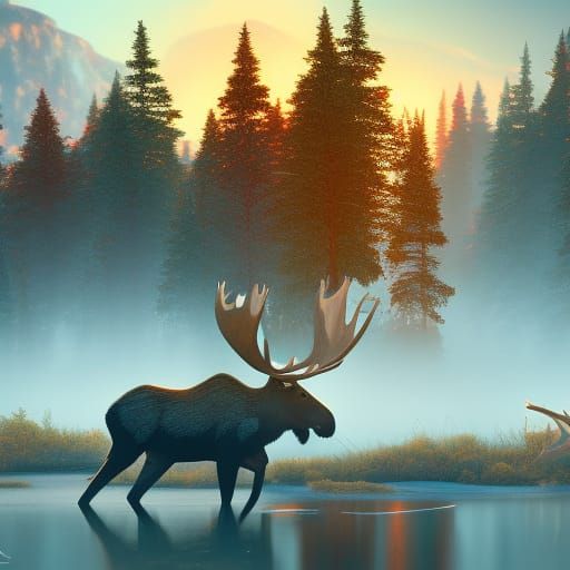 Majestic Moose at Sunrise: Fantasy Matte Painting