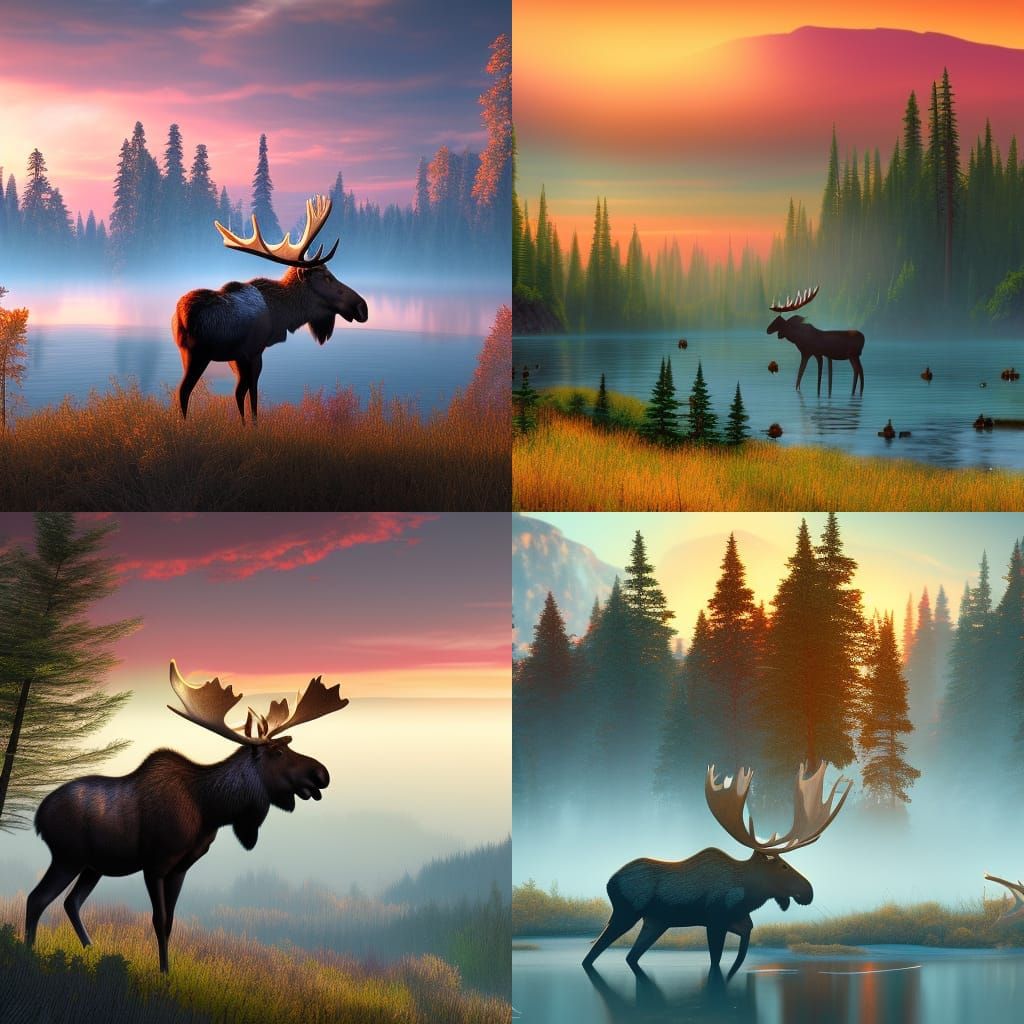 Sunrise Moose in Quebec: Detailed Matte Painting