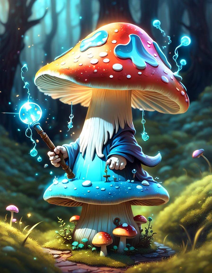 Adorable Glowing Mushroom Wizard in Detailed Cartoon Style