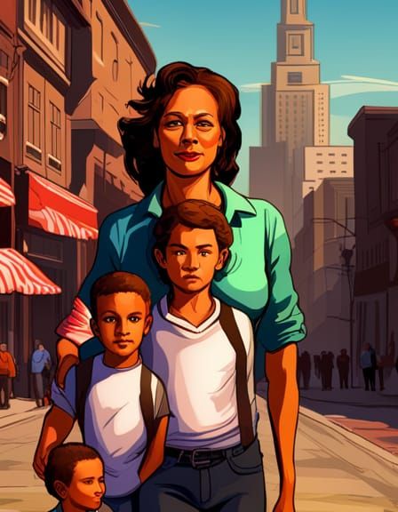 Mother and Children in Colorful Cityscape