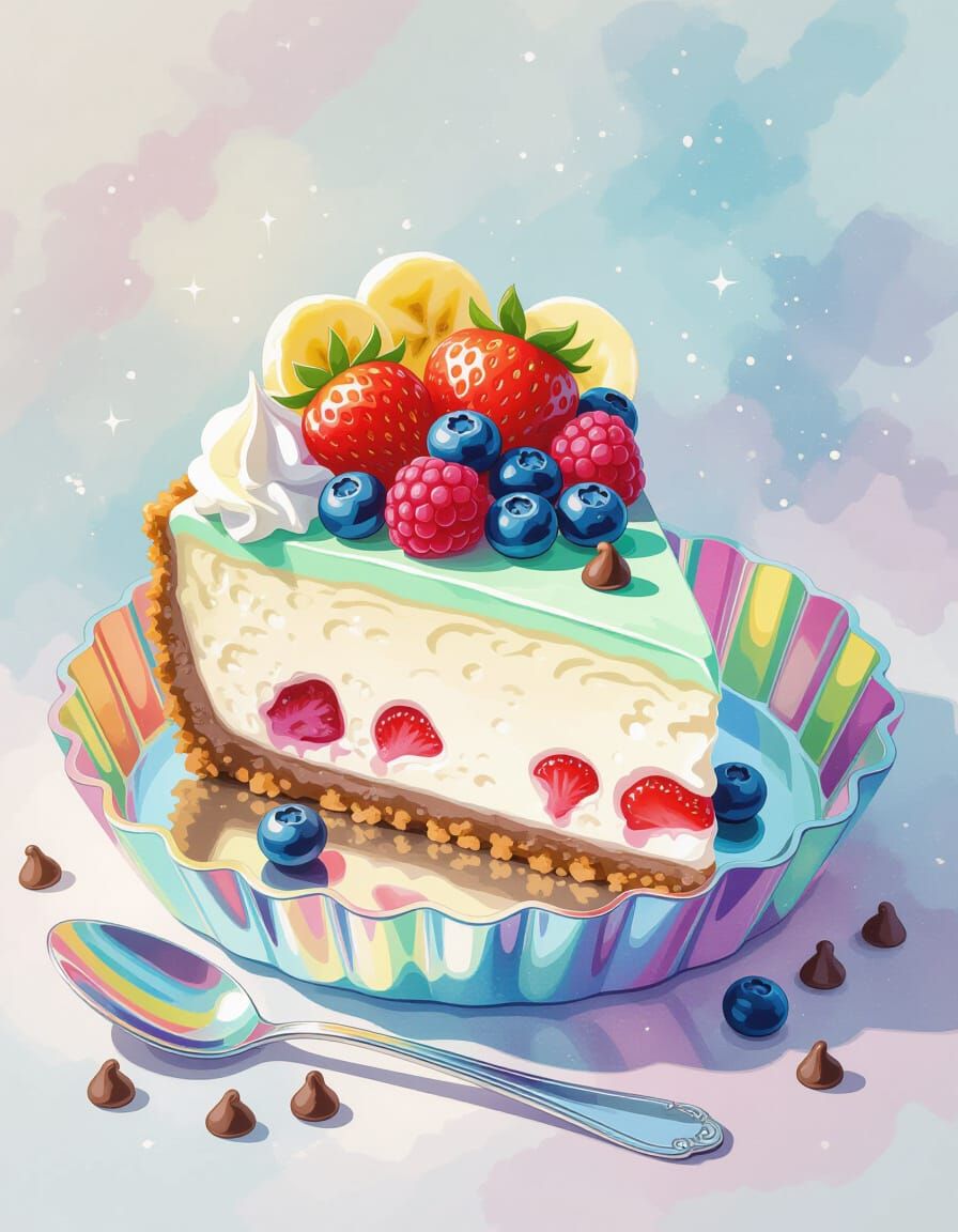 Mint Chocolate Cheesecake Slice with Fruits and Chips