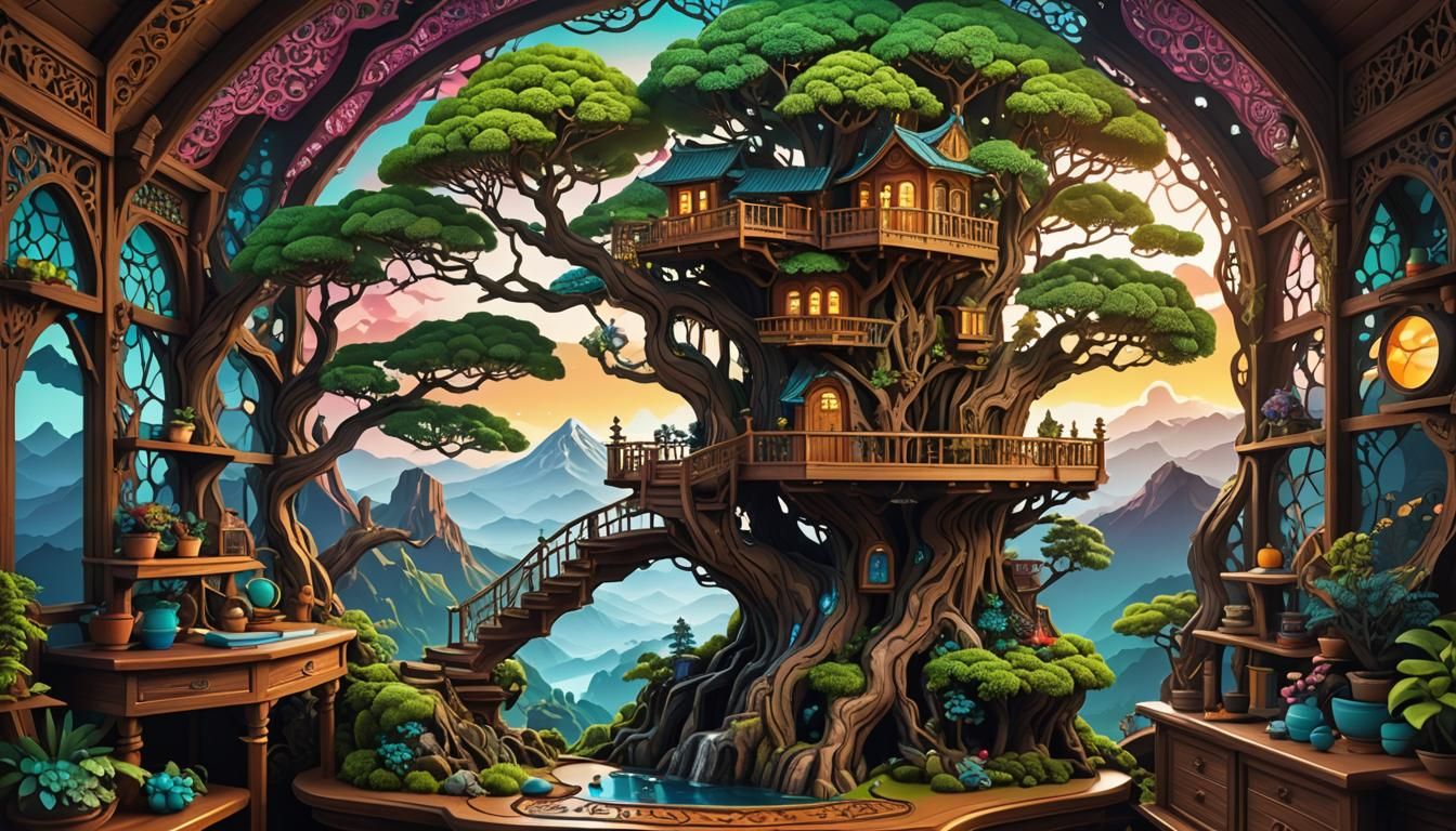 Intricate Miniature Treehouse with Bonsai, Digital Painting