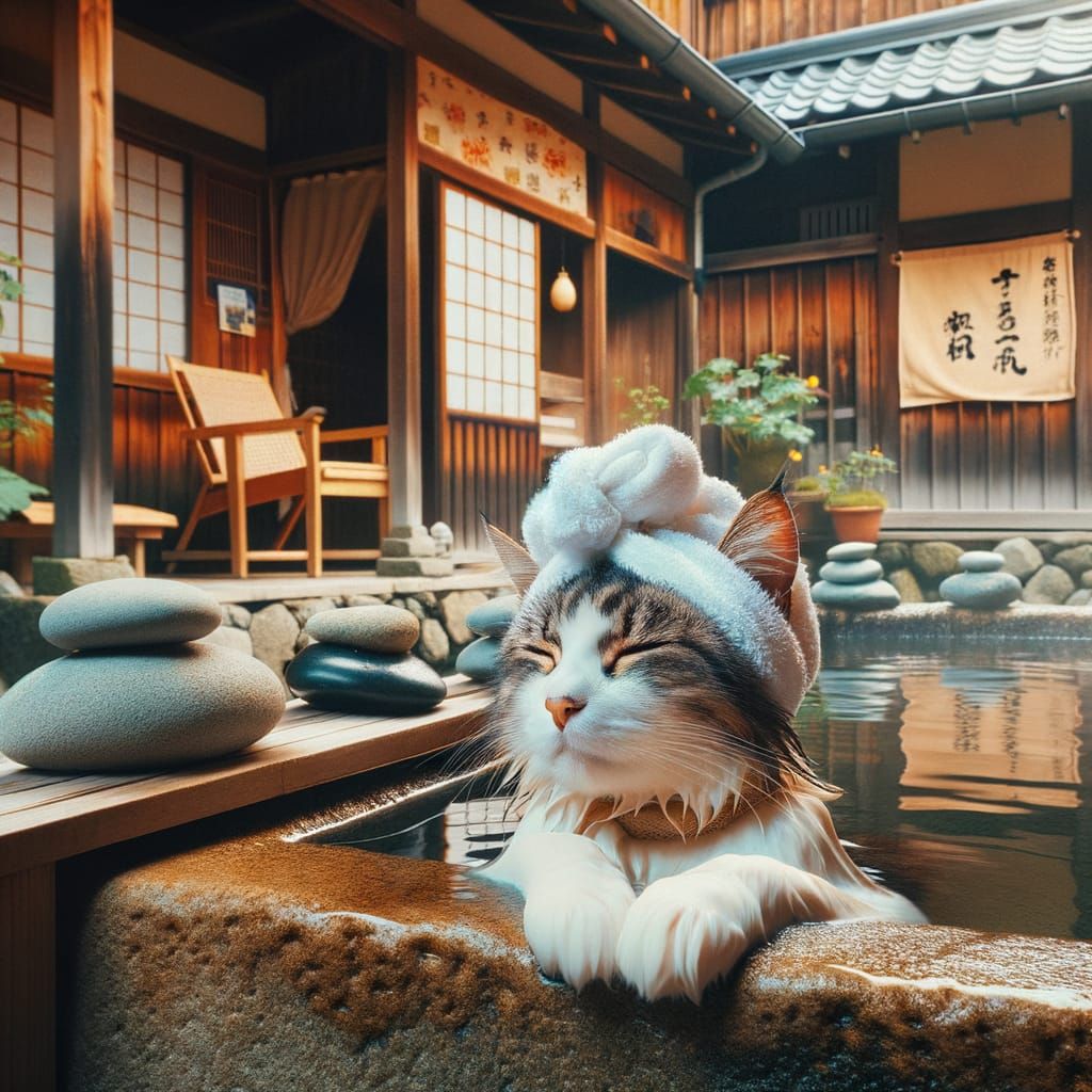 Cat Relaxing in Japanese Onsen Spa Bath