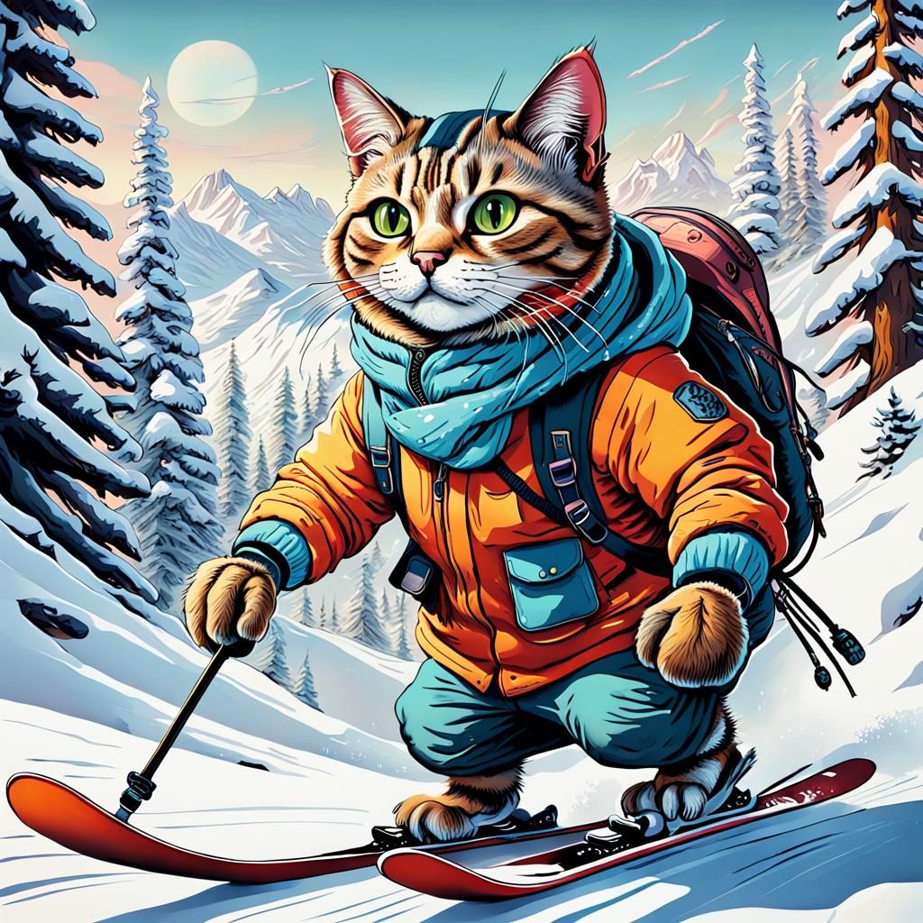 Anthropomorphic Cat Skier in Colorful Maximalist Painting