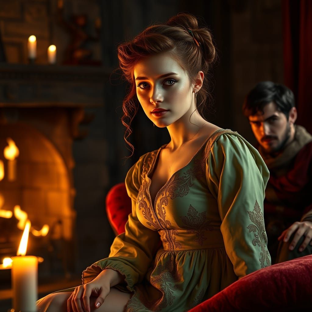 Medieval Woman in Velvety Green Dress