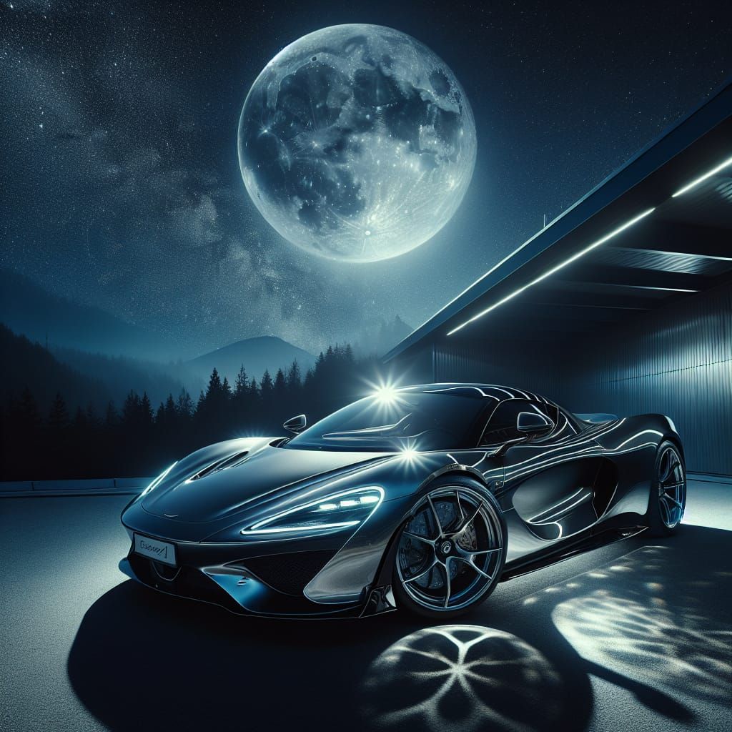 Sports Car Glimmering Under the Moonlight