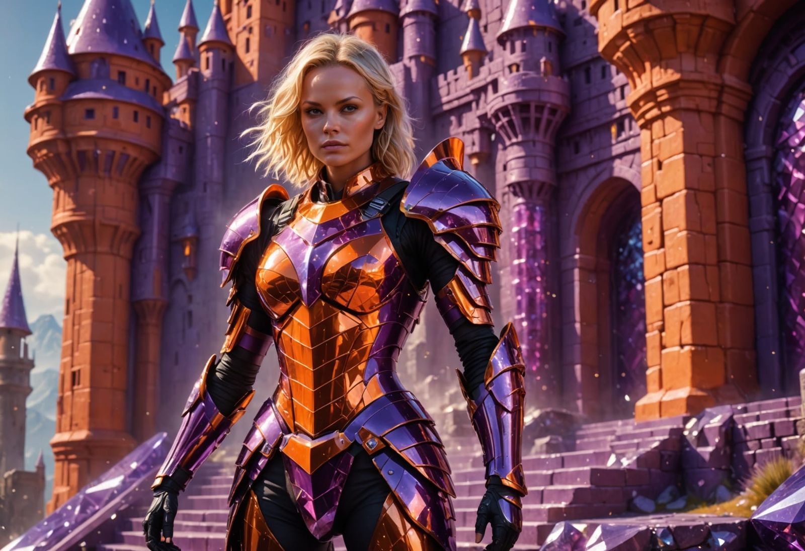 Vibrant Purple and Orange Sci-Fi Warrior