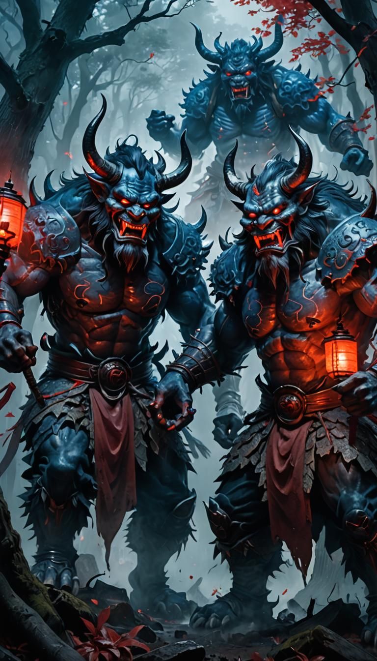 Menacing Oni Demons in Mystical Forest Concept Art