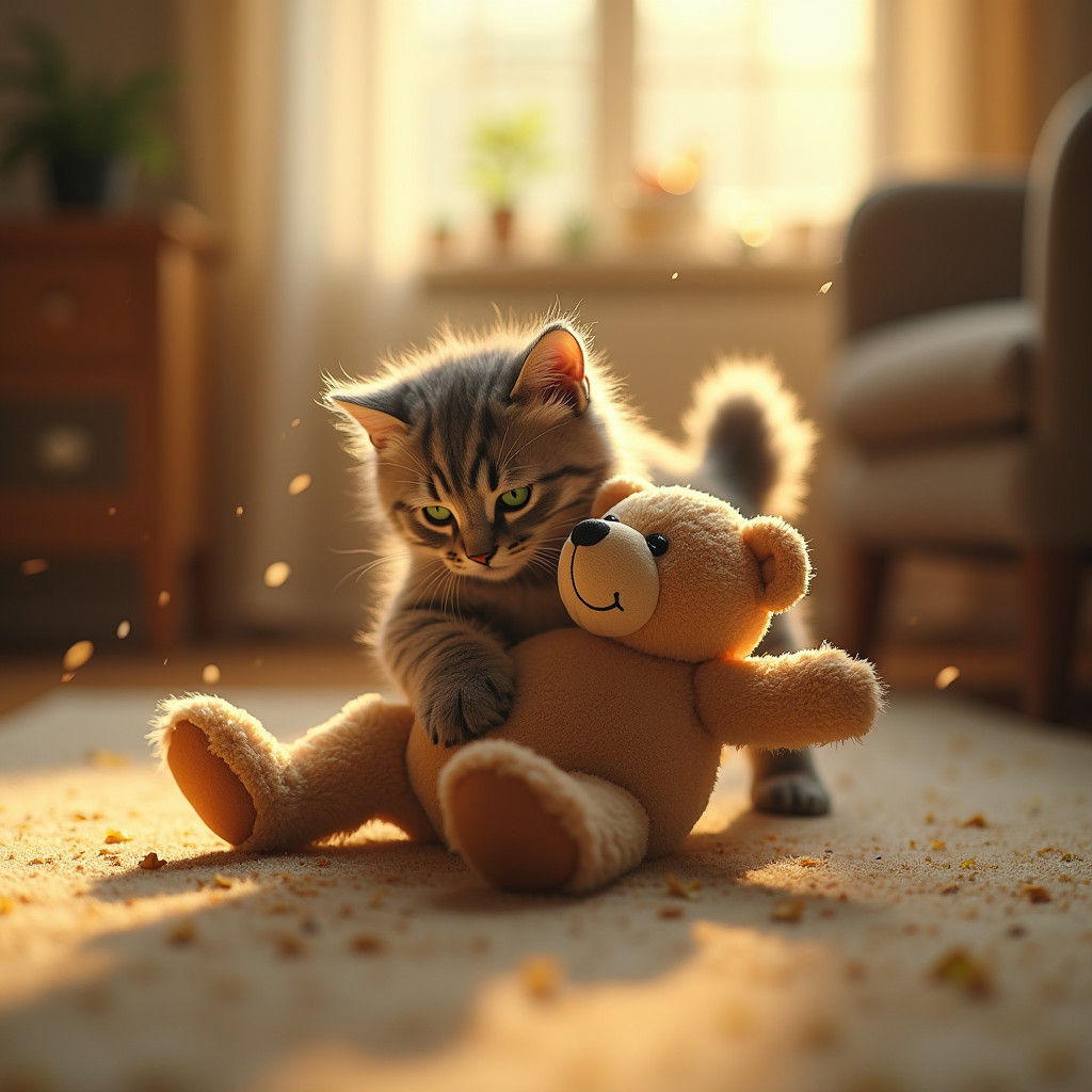 Fluffy Grey Cat Swings with Joy in Cozy Living Room Scene