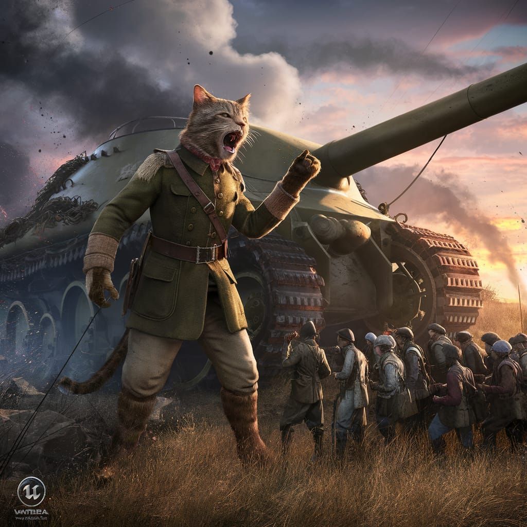 Cat-Person Warrior Addresses Troops in War-Torn Landscape