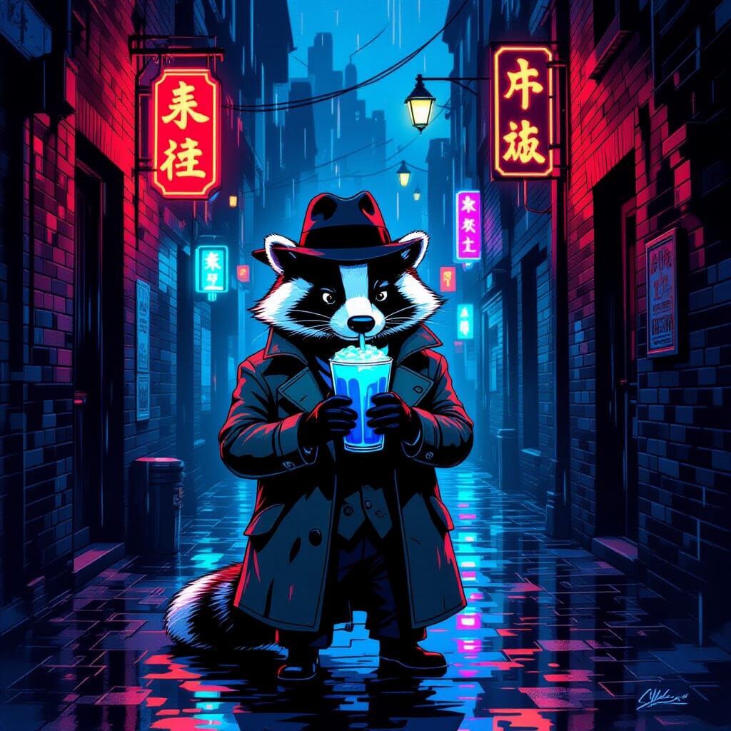 Badger Detective Sips Electric Blue Milkshake in Noir Alley