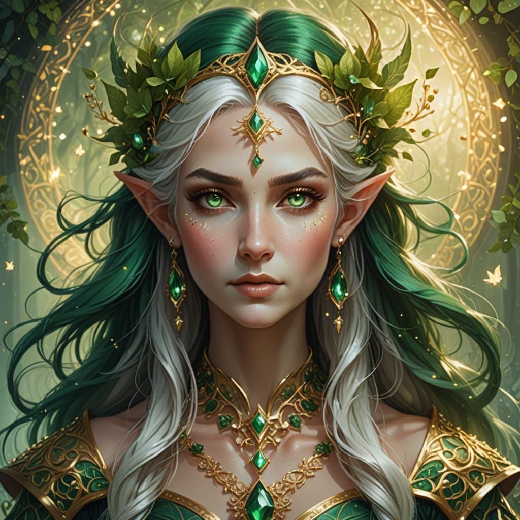 Elf Witch Goddess Portrait in Emerald and Gold