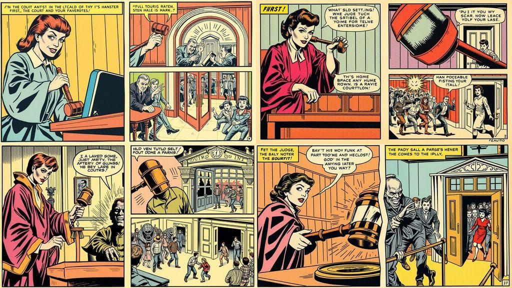 1950s Horror Comic Book Strip: Diverse Judge Battles Monster...