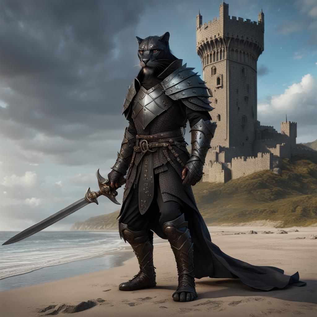 Dark Panther Humanoid Guarding Medieval Tower