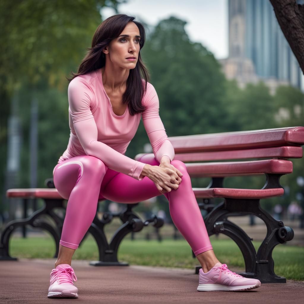 Crossdresser in Pink Yoga Outfit on Park Bench