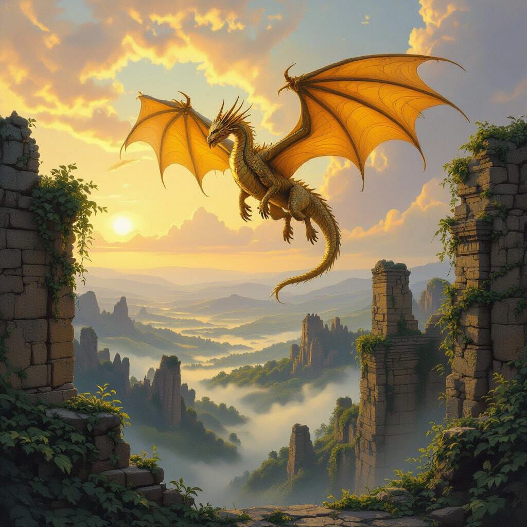 Golden Dragon Soars Over Ancient Ruins at Dawn
